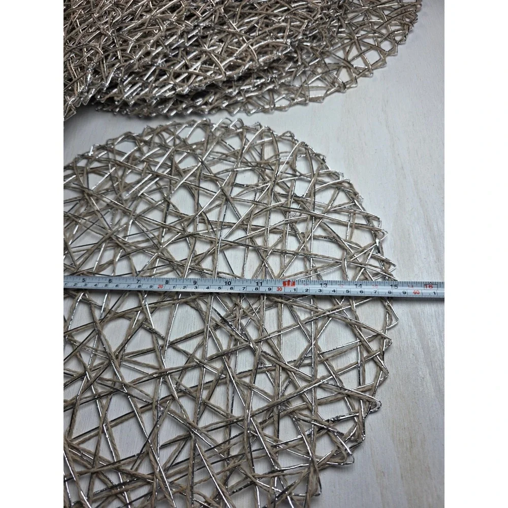 Silver Woven Round Placemats Set Metallic Bird Nest Boho Minimalist Decor 15
